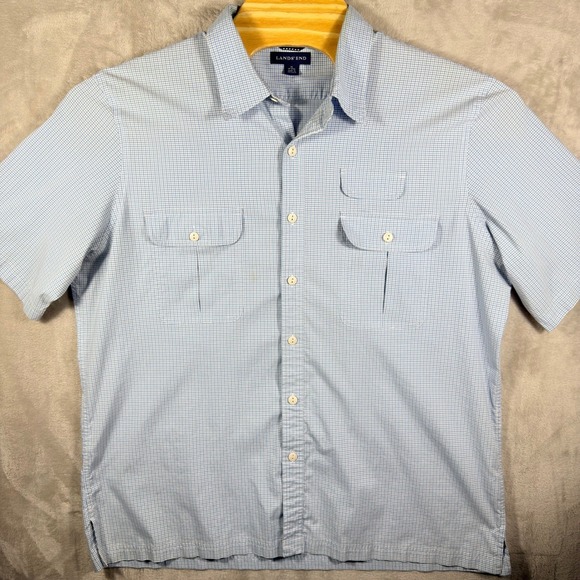 Lands End Mens XL Blue Gingham Check Short Sleeve Button Up Shirt Work‎ Pockets - Picture 2 of 7